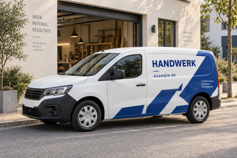 KI-Konzeptmotiv: weißer Transporter mit blauer Fahrzeugbeschriftung vor einer Werkstatt
